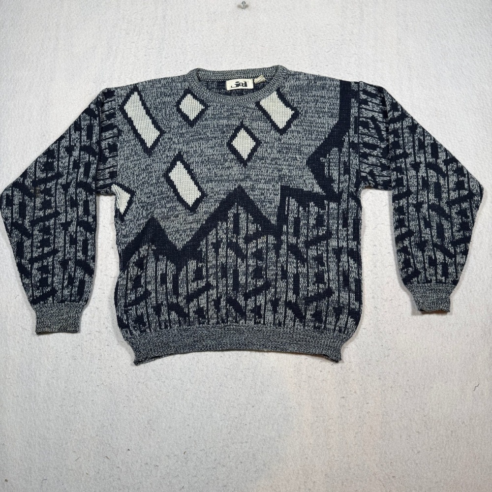 Vintage JED Mens Gray Black Geometric Knit Crewneck Sweater Size M Made in Korea